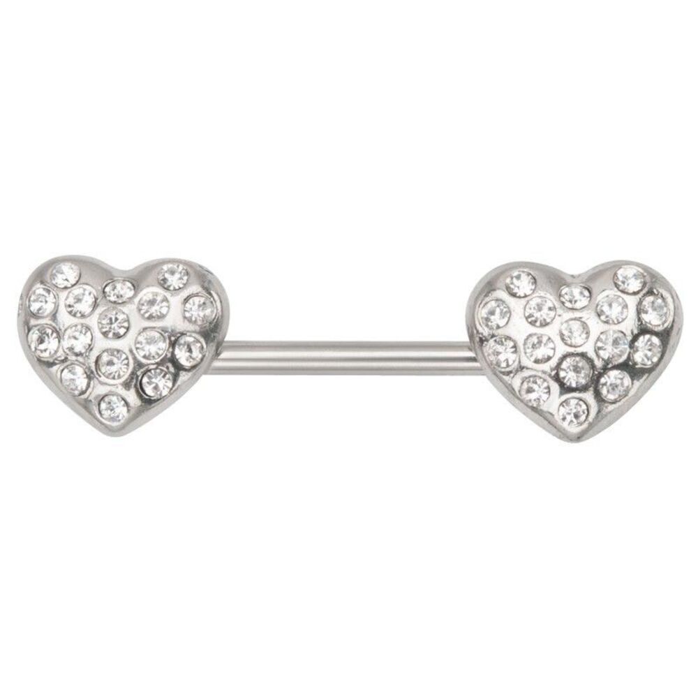 Gem Covered Heart Nipple Ring 14G Stainless Steel Barbell - Single Bar Only